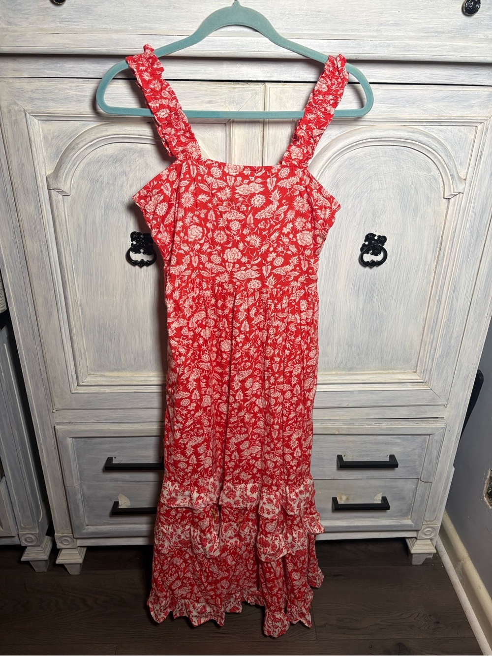 Red White Floral Ruffle Tiered Maxi Dress Ruffle Cottagecore Boho Effortless - Picture 2 of 6